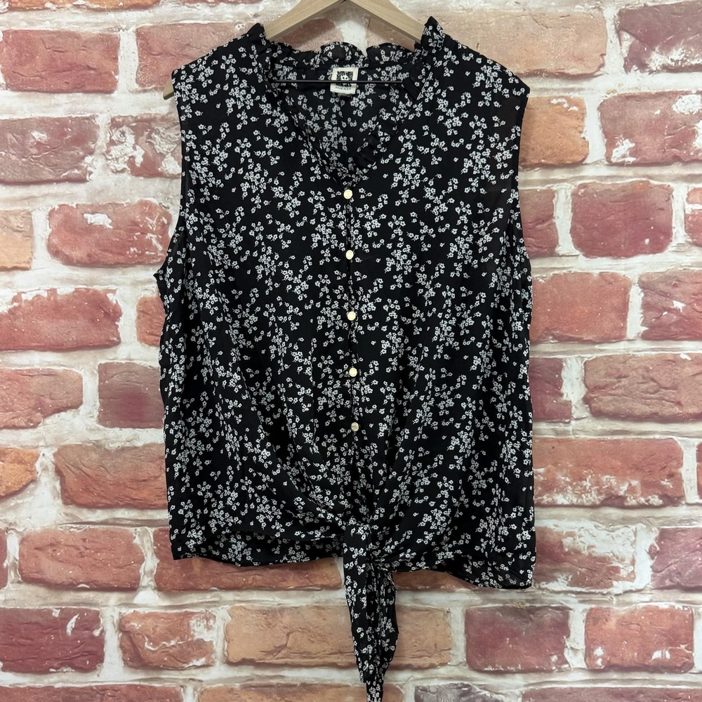 Anne Klein Top Womens XL Black White Cottage Ditsy Floral Tie Waist Casual Shirt